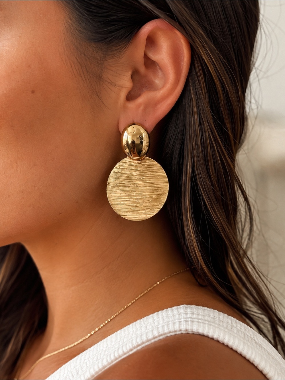 Gold Tone Brushed Disc Drop Earrings